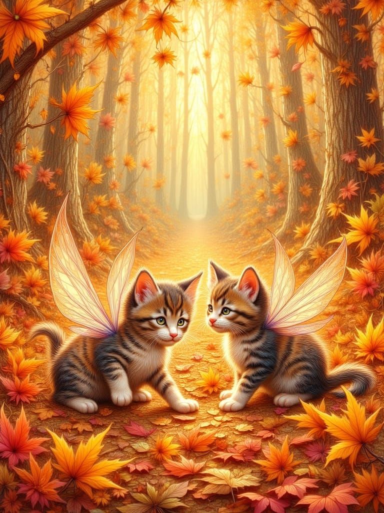 Three Fairy Kittens Play in Autumn Leaves