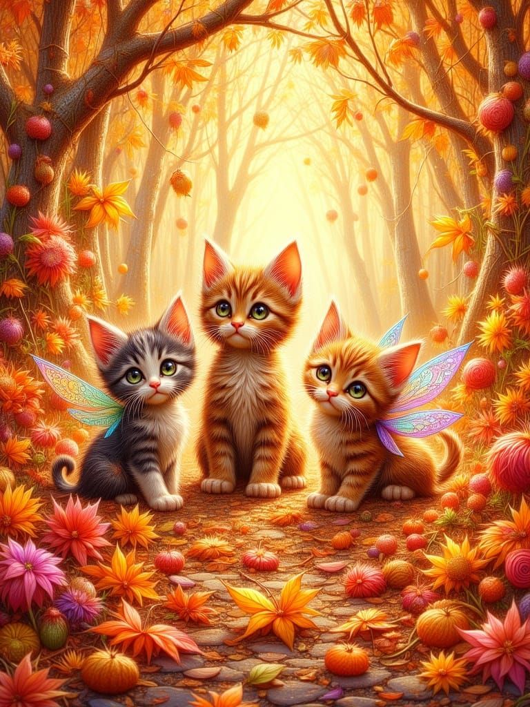 Fairy Kittens Play in Autumn Leaves
