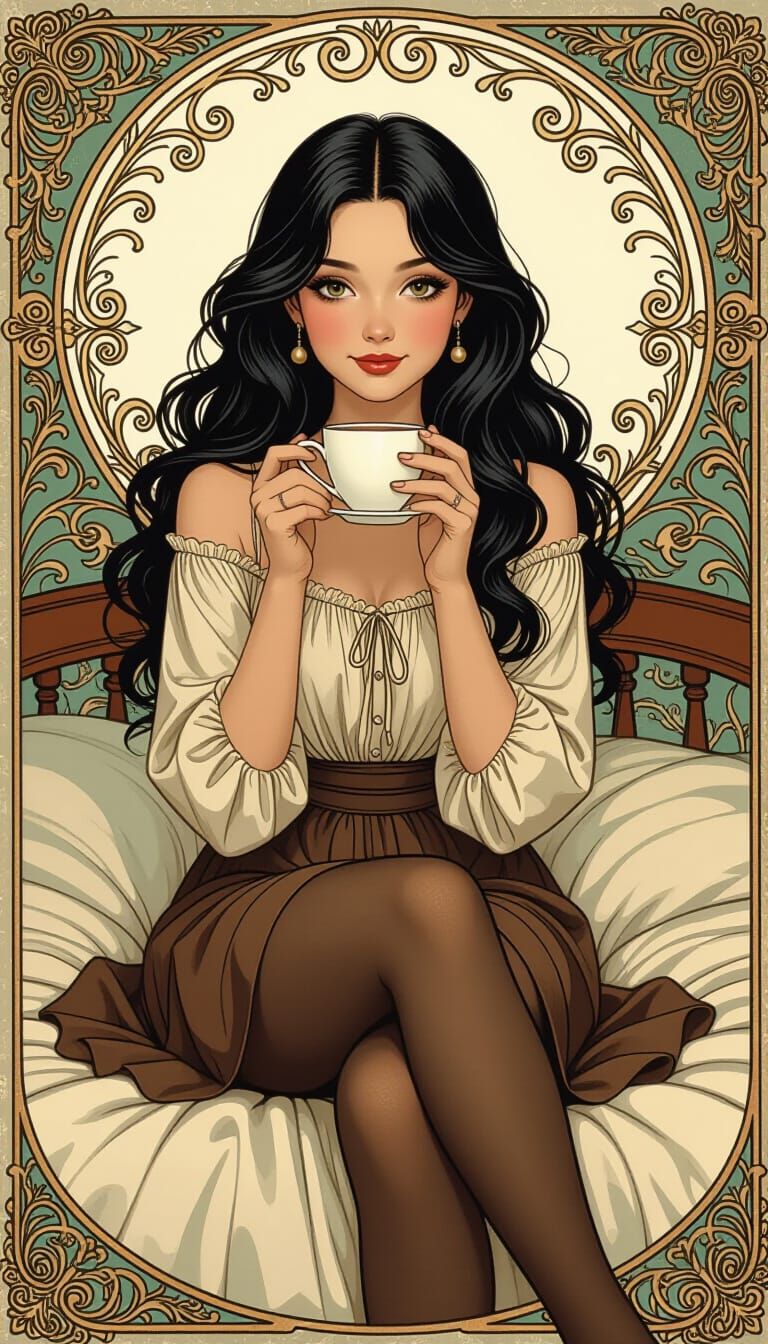 Dreamy Girl Sipping Coffee in Art Nouveau Style