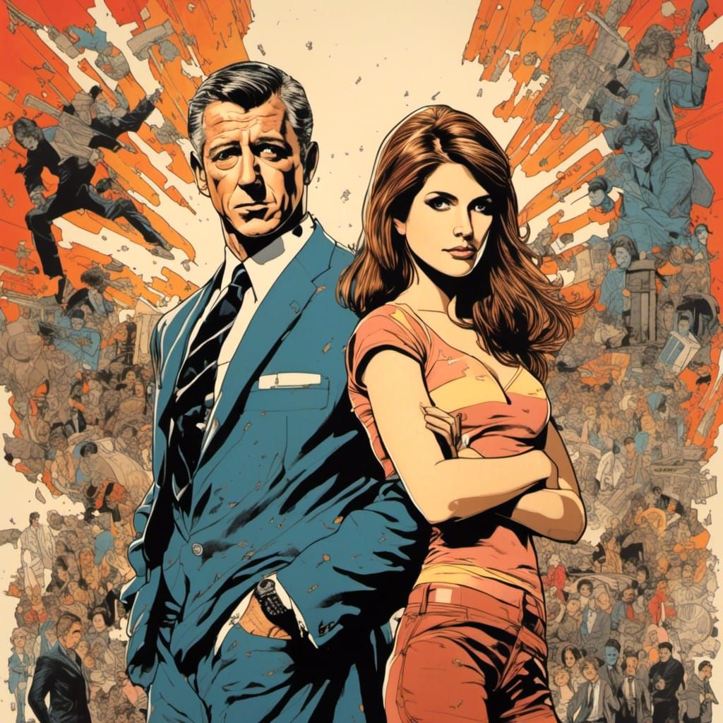 Anna Kendrick and James Bond Movie Poster in Comic Book Styl...