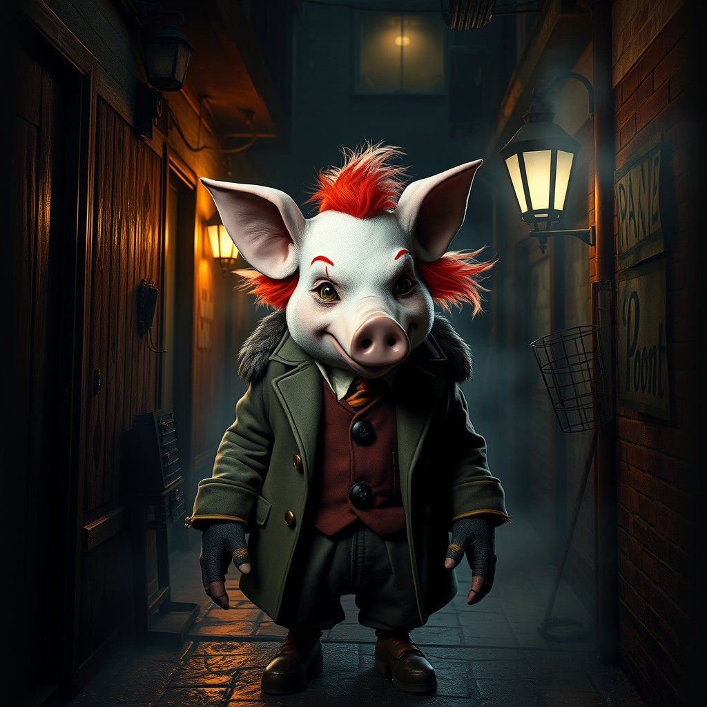 Pig-Pennywise Gangster in Dimly Lit Alleyway