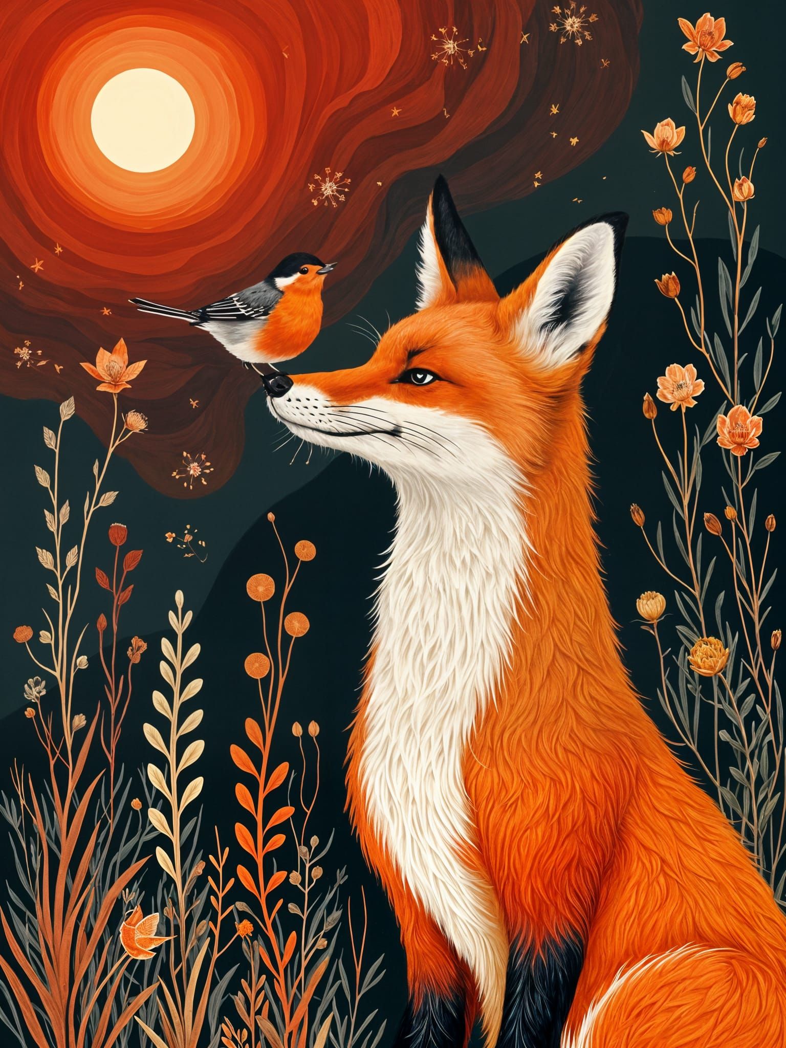 Fox and Robin in Surreal Folk Art Style