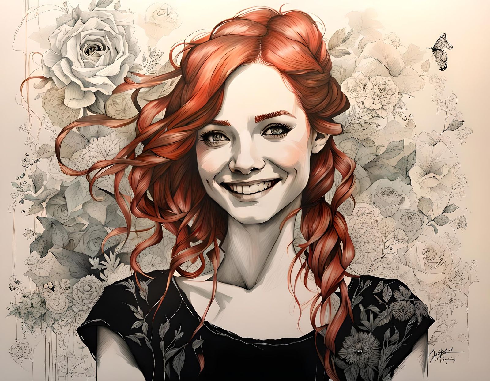 Redhead Girl in Surreal Drawing with Complex Background