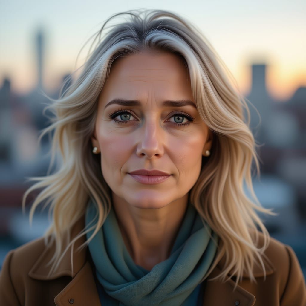 Realistic Portrait of Blonde Woman with City View