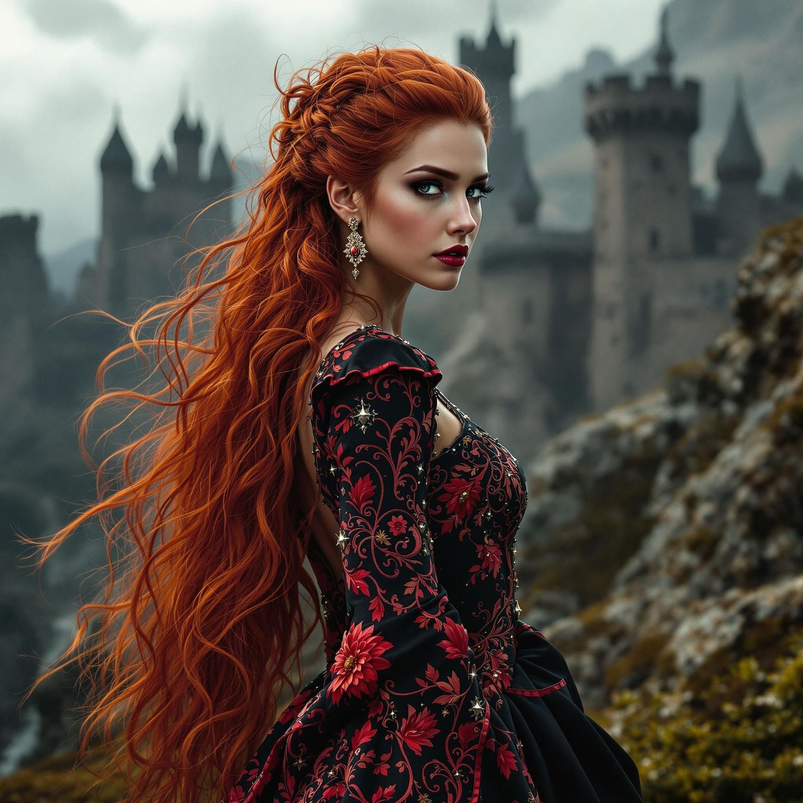 Majestic Red-Haired Queen in Medieval Castle Setting