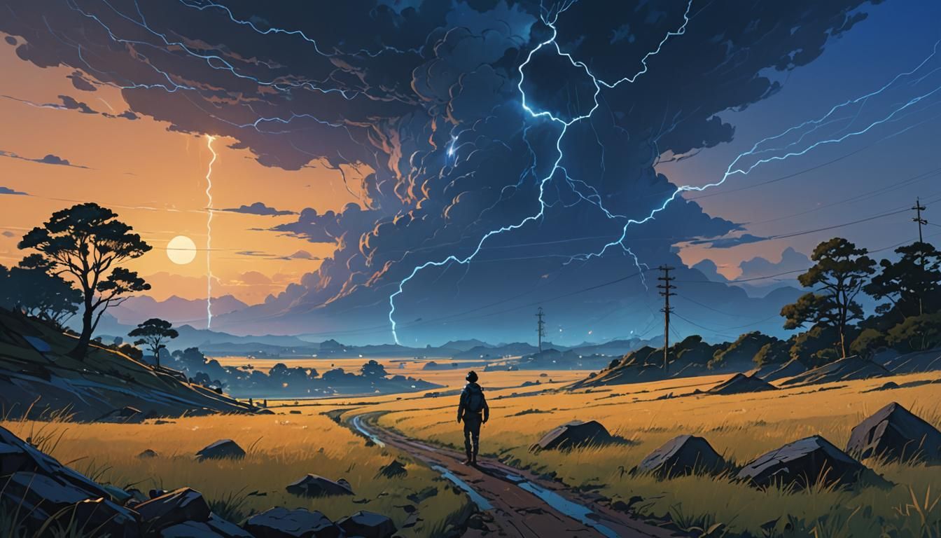 Electric Dusk: Serene Anime Sci-Fi Landscape