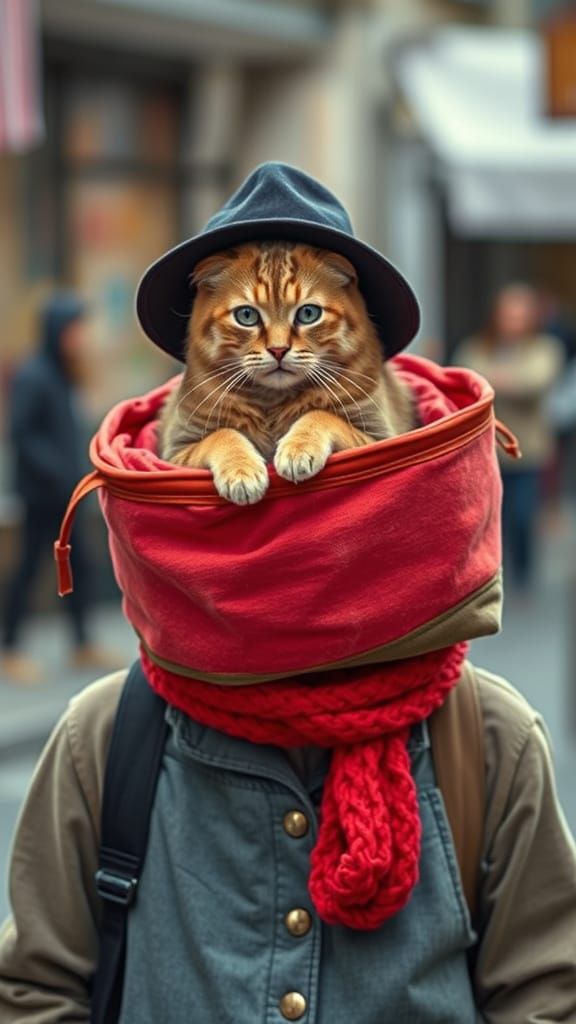 Woman with Cat in Hat Container Outfit
