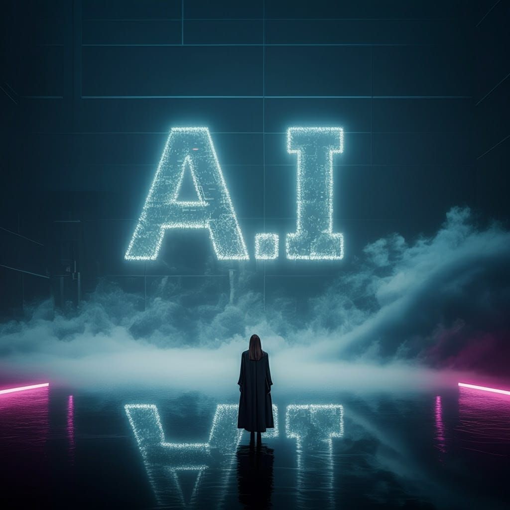 Mirrored Landscape with Woman and Mist A.I. Text