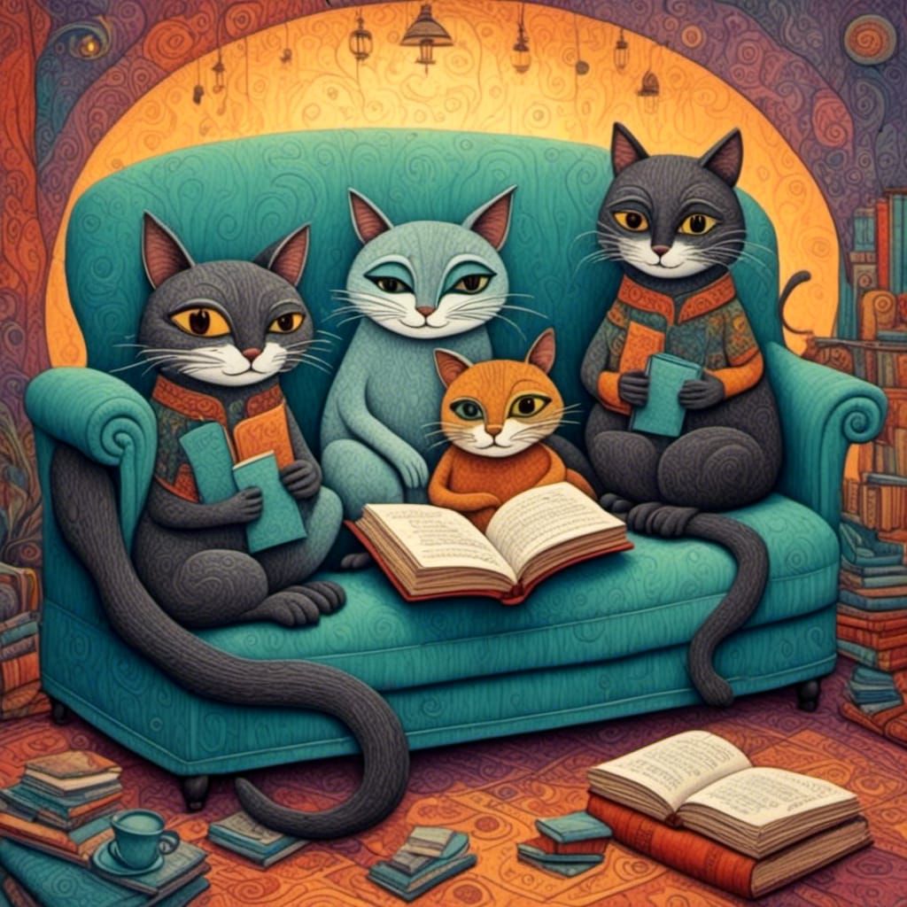 Three cats on <lora:Naive color:1.0> a cosy bed reading in a book, colourful <lora:CharCOAL PSYCHedelic:1.0>