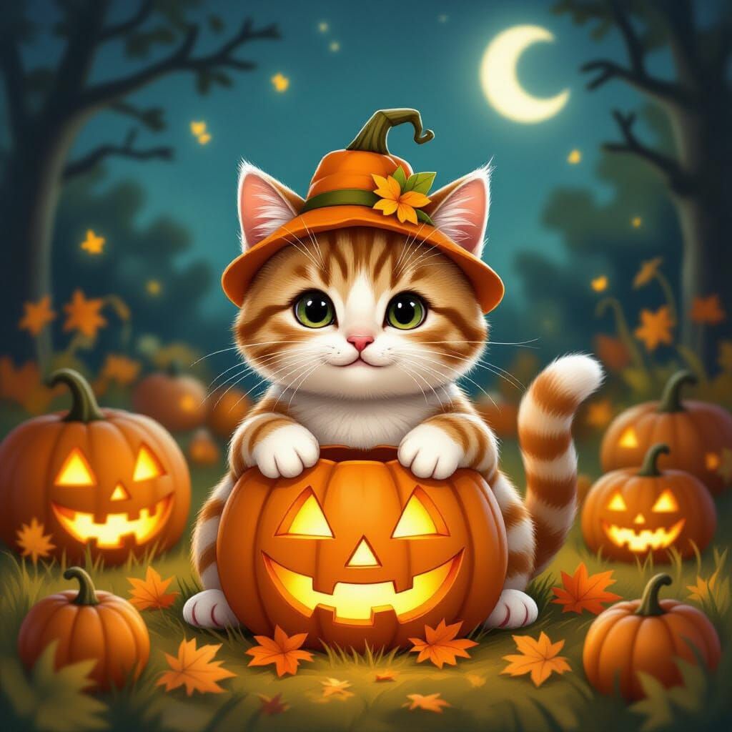 Cute Cat Dressed as Jack-o'-lantern in Moonlit Patch