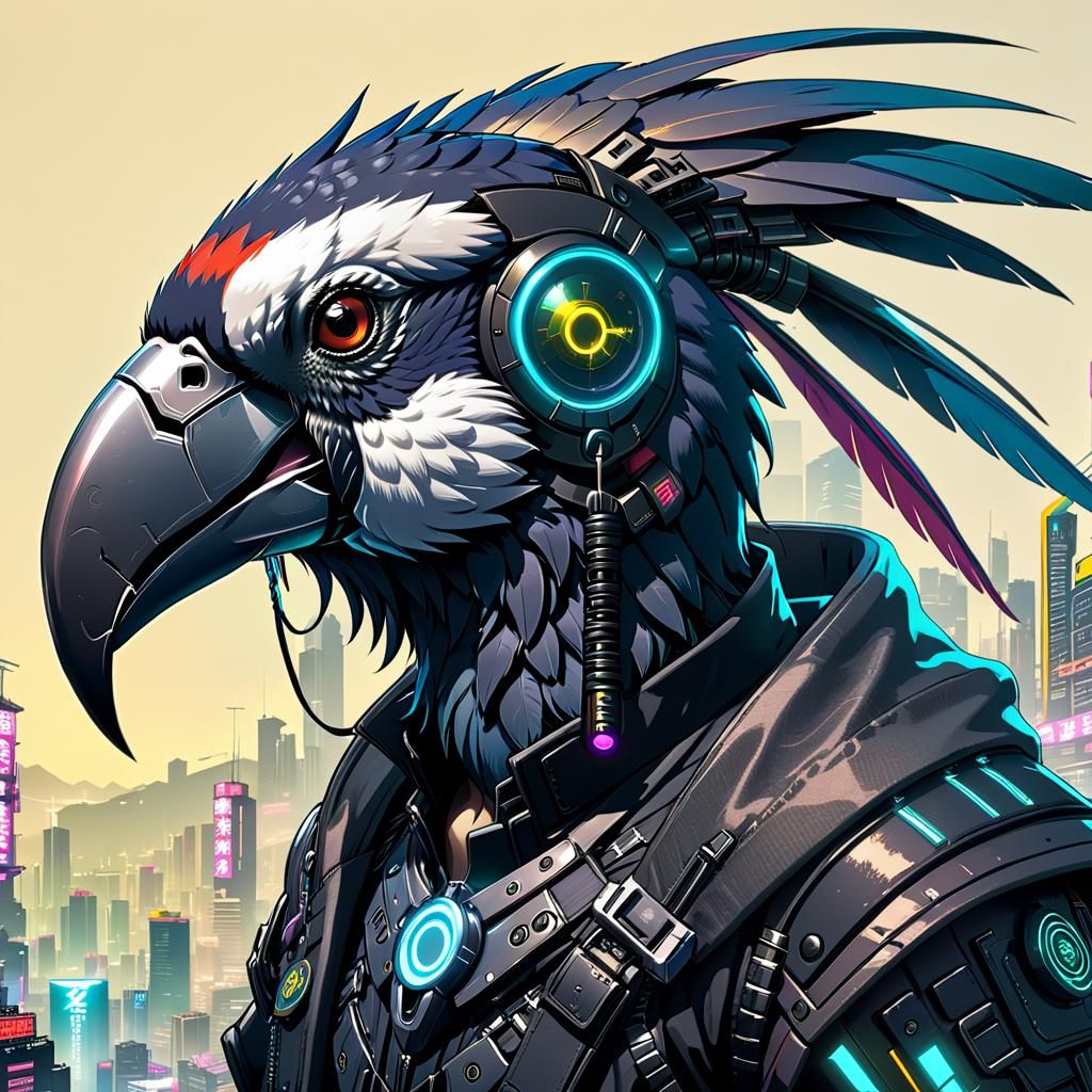 Cyberpunk Parrot Mage in Shadowrun Style