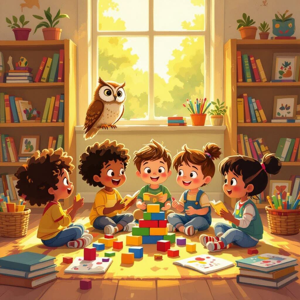 Diverse Children Learning and Playing in Sunlit Classroom