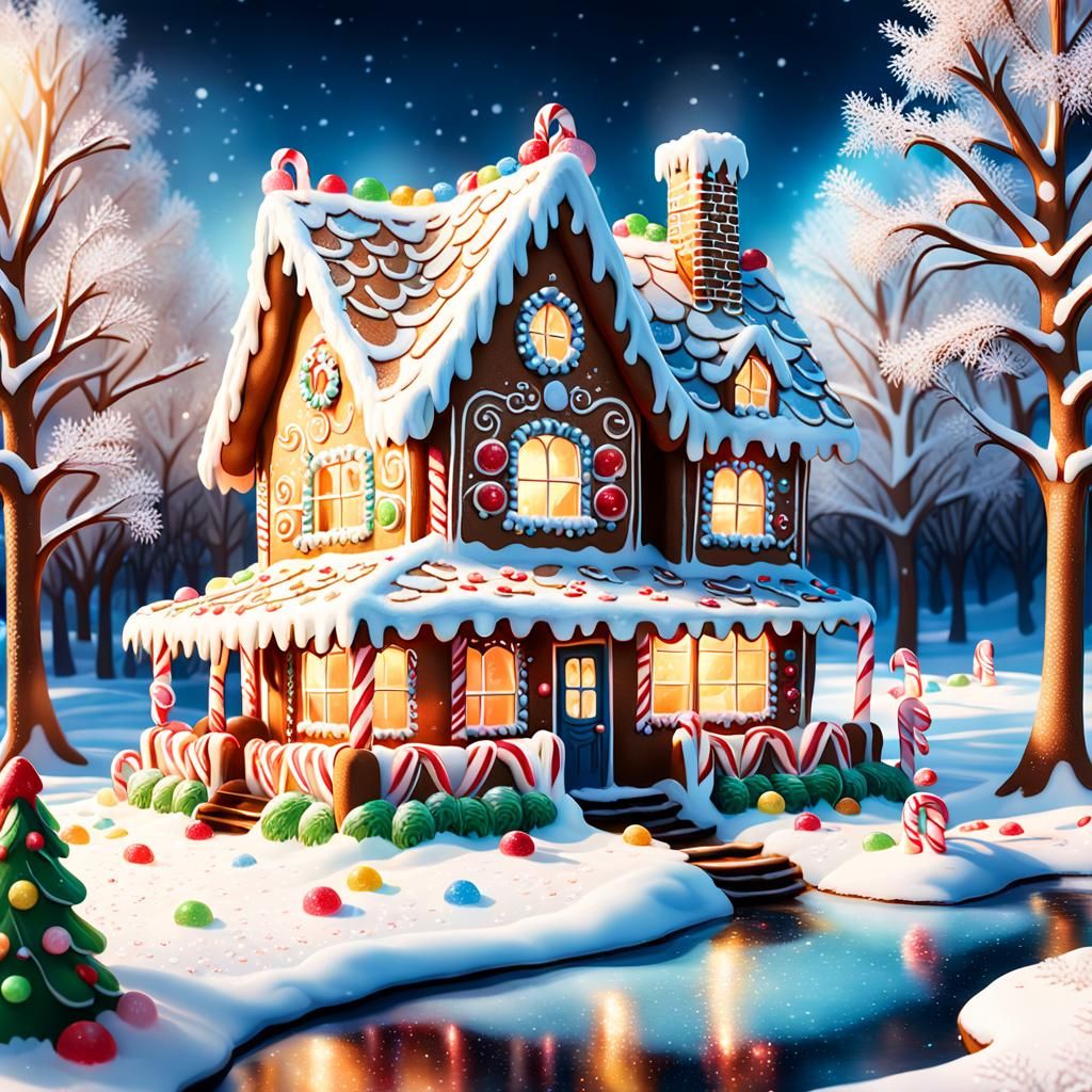 Surreal Gingerbread House Winter Scene with Candy Cane Trees...