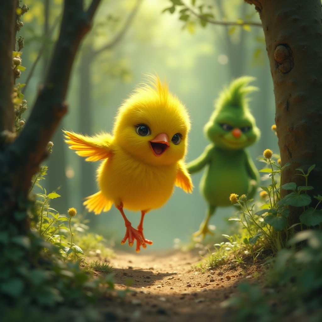Saffron Finch Runs Free in Whimsical Woodland Scene