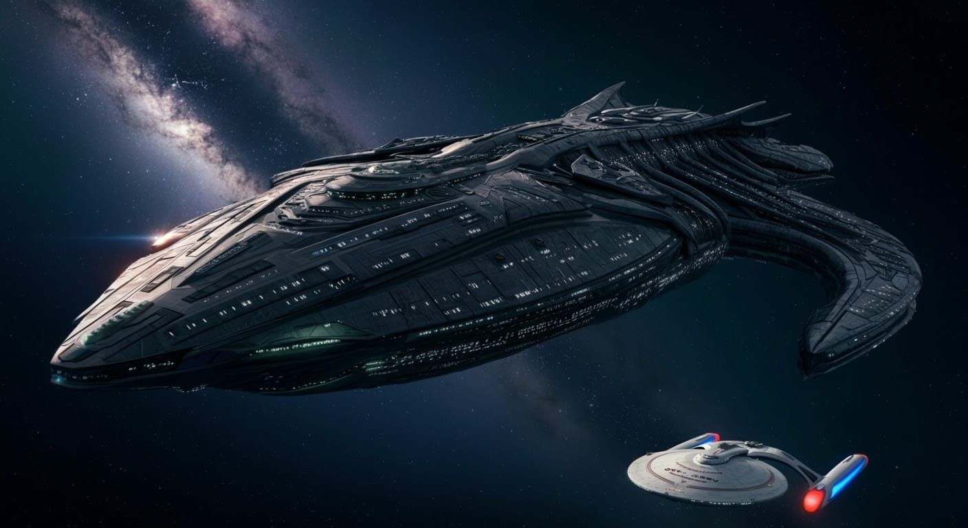 Cyberpunk-Inspired Ferasan Dreadnought Starship in Binary St...