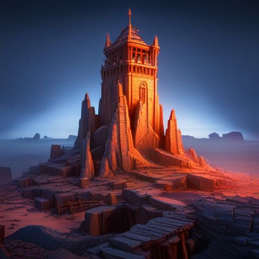 Epic Stone Fire Tower Under Starless Night Sky