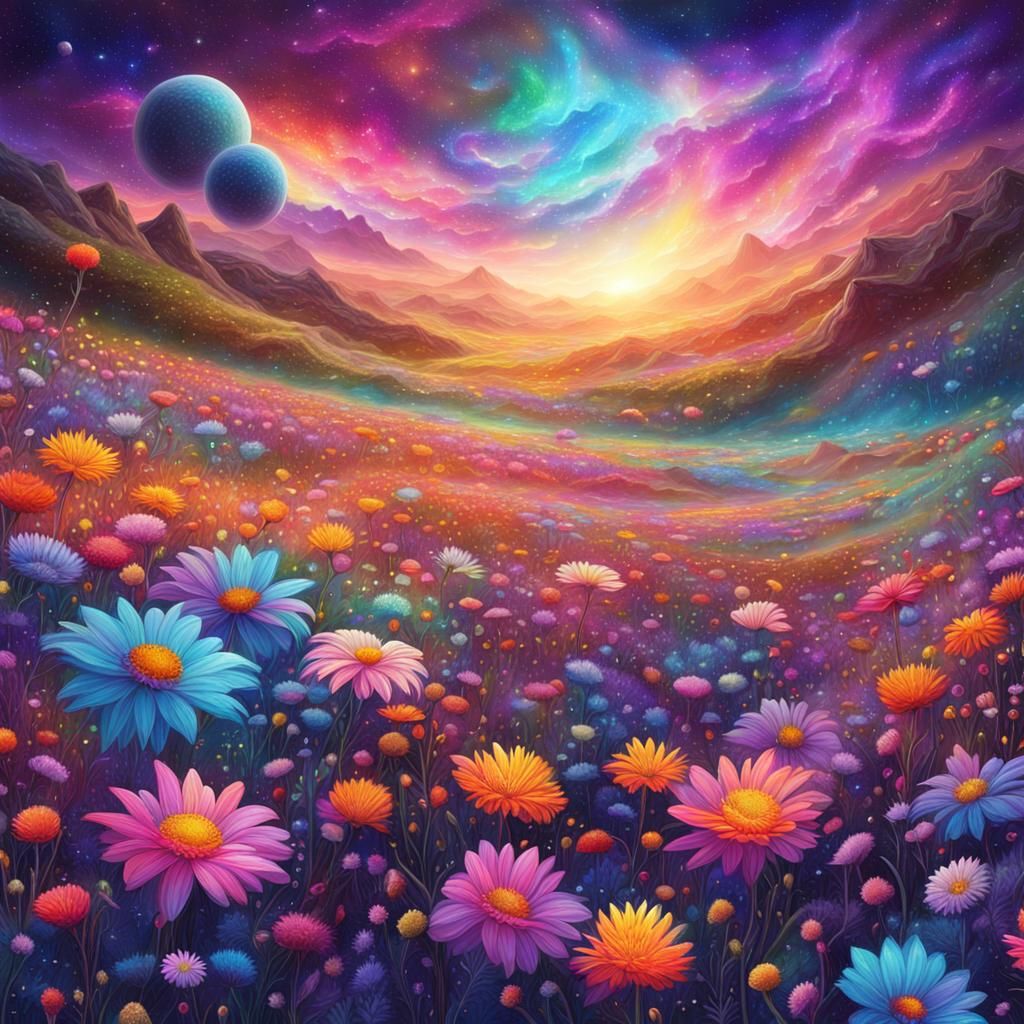 Colorful Flower Field: Holographic Astral Illustration