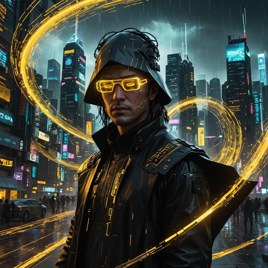 Cyberpunk Data Wizard with Holographic Data Streams