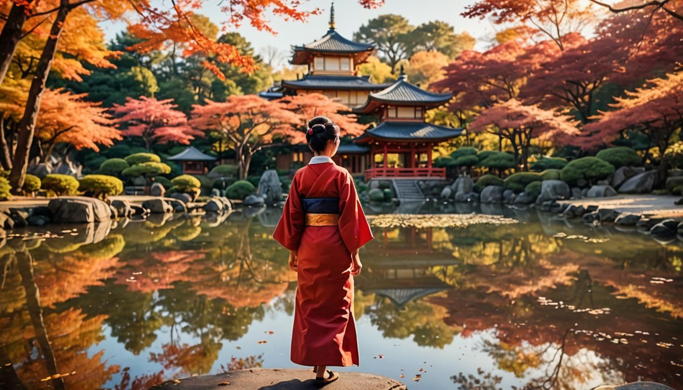 Japanese Woman in Autumn Park: Impressionist Style