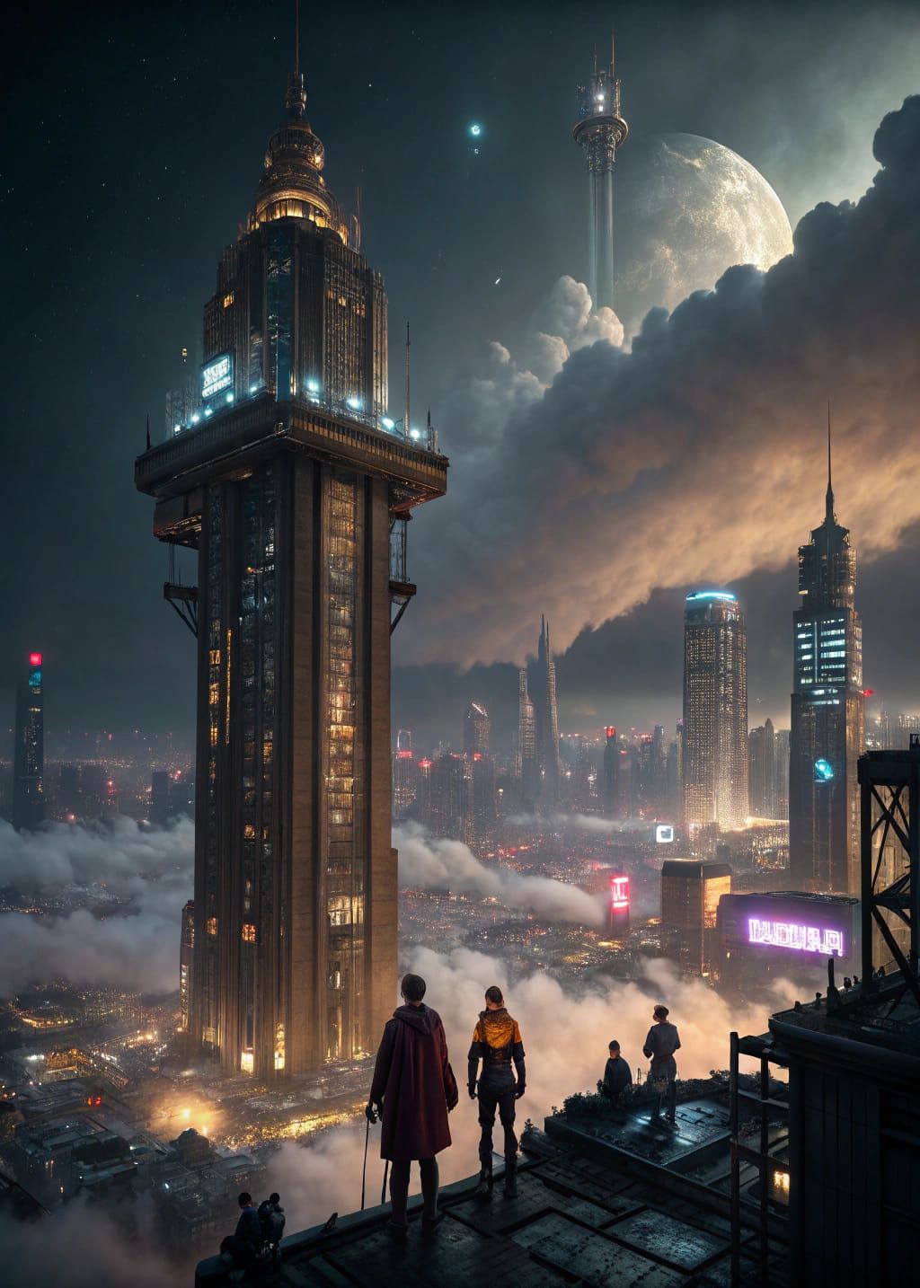 Vertical Cyberpunk City Suspended Above Clouds at Night