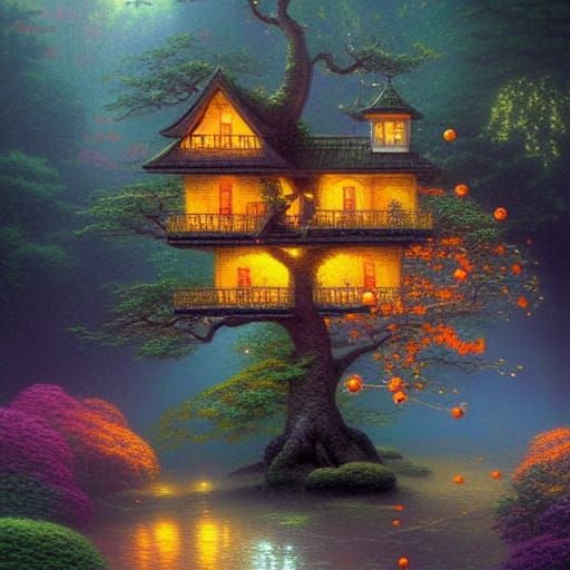 Bonsai Orange Treehouse with Fairy, Kinkade Style