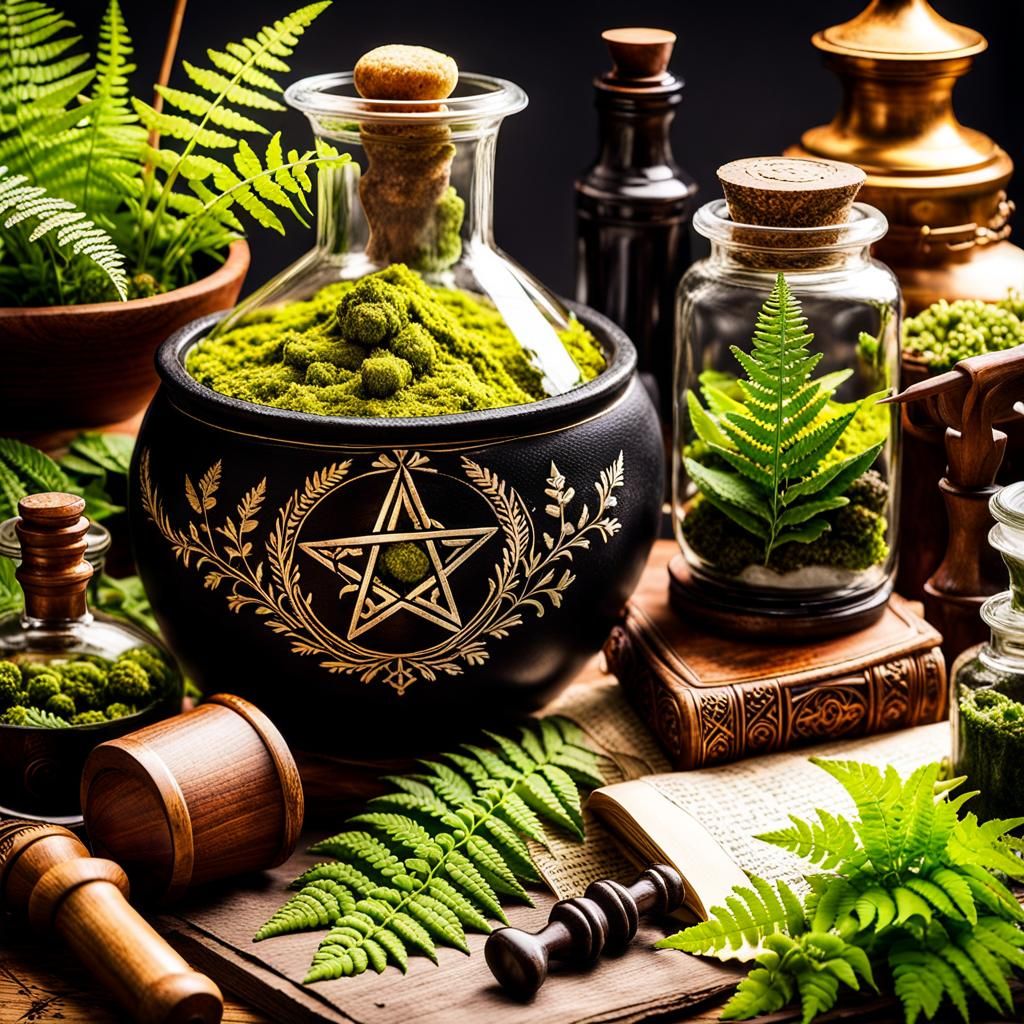 Aetherpunk Alchemy Scene with Potions and Grimoire