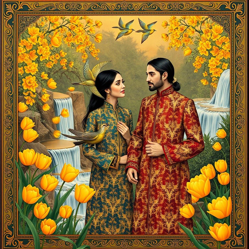 Elegant Couple in a Vibrant Tulip Garden, Inspired by Persia...