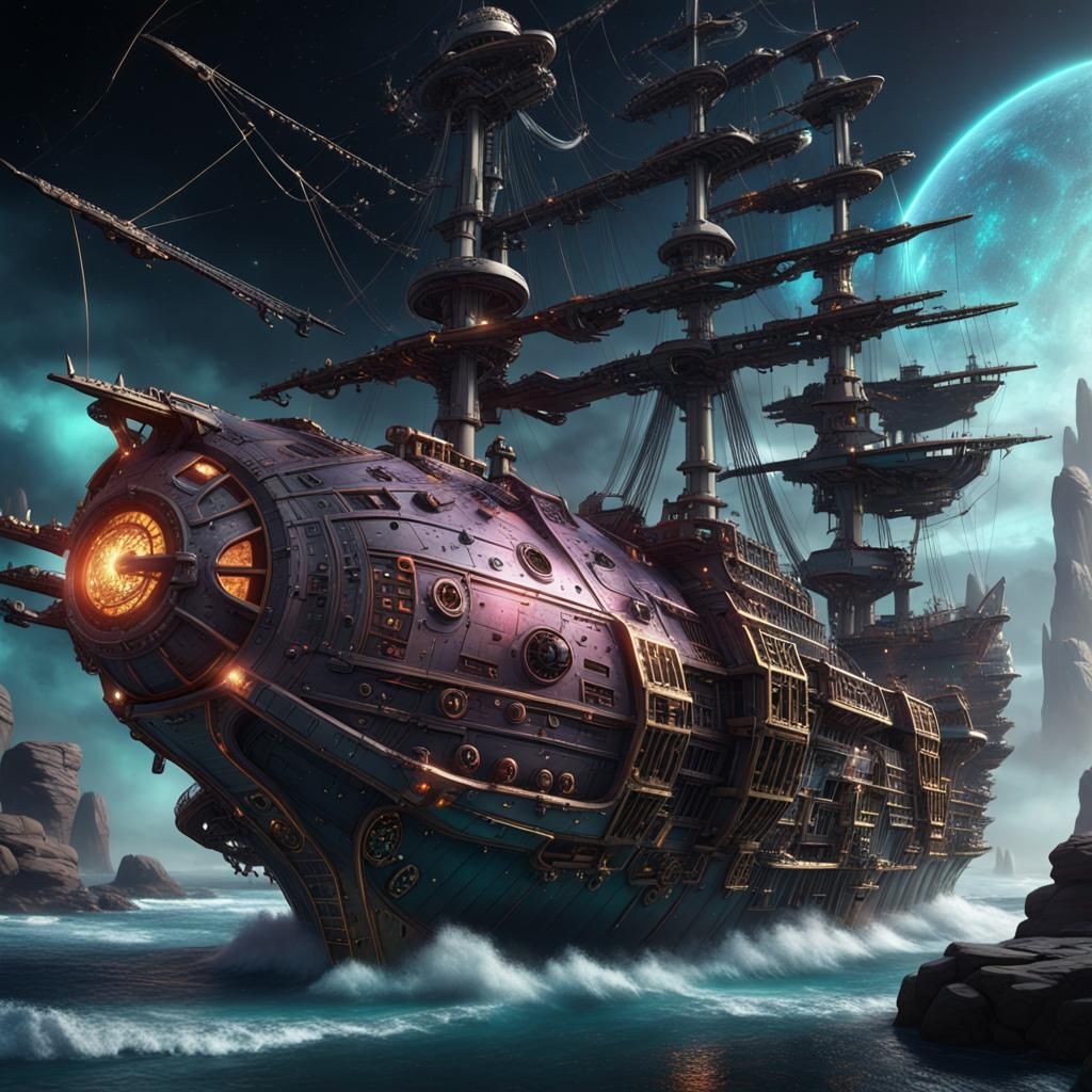 Futuristic Cosmic Pirate Ship in Detailed Matte Painting