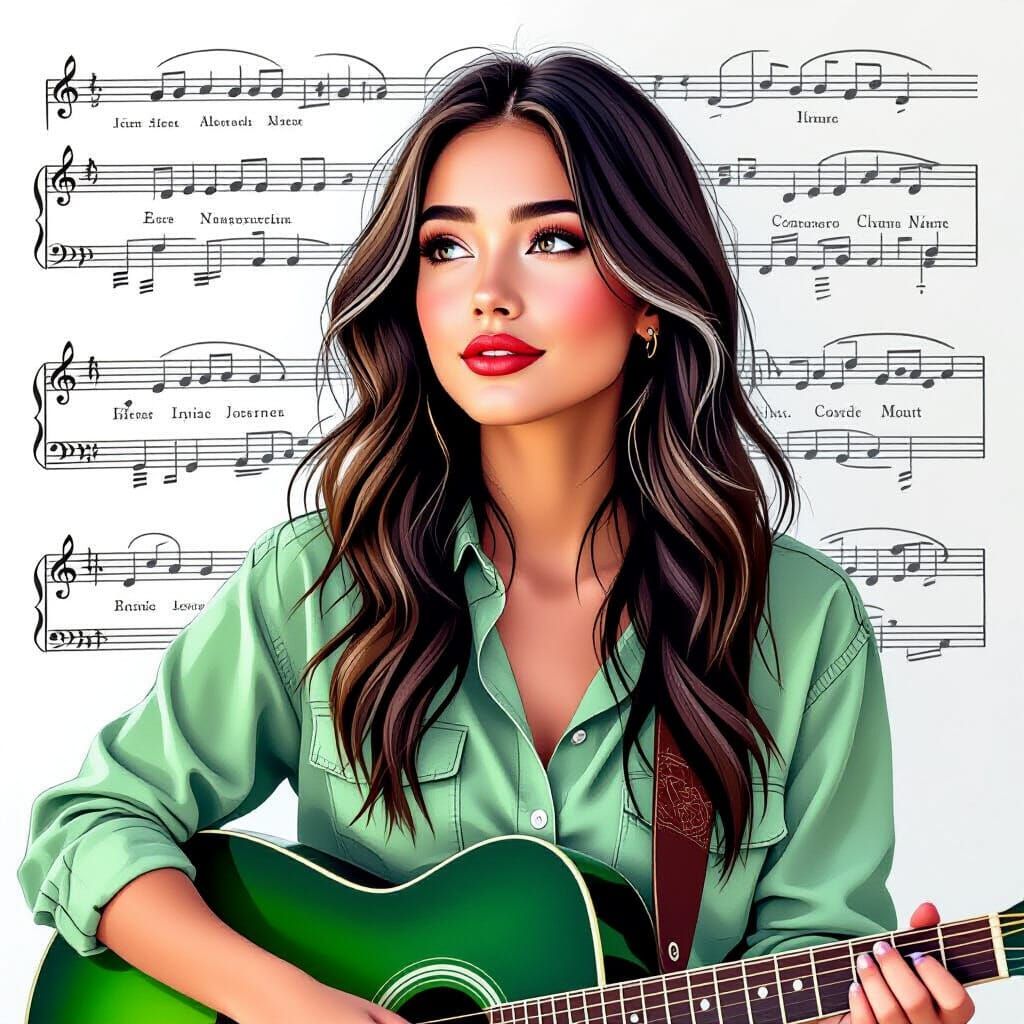 Green and White Pencil Drawing of Smiling Woman Playing Guit...