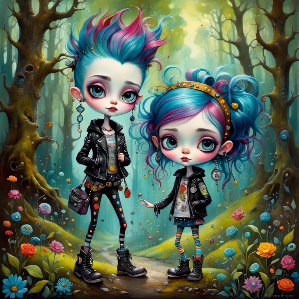 Adorable Punk Rock Girl in Oil Painting Style