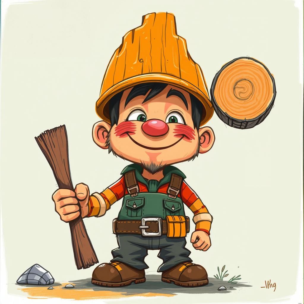 Cheerful Woodcutter in Childlike Crayon Style