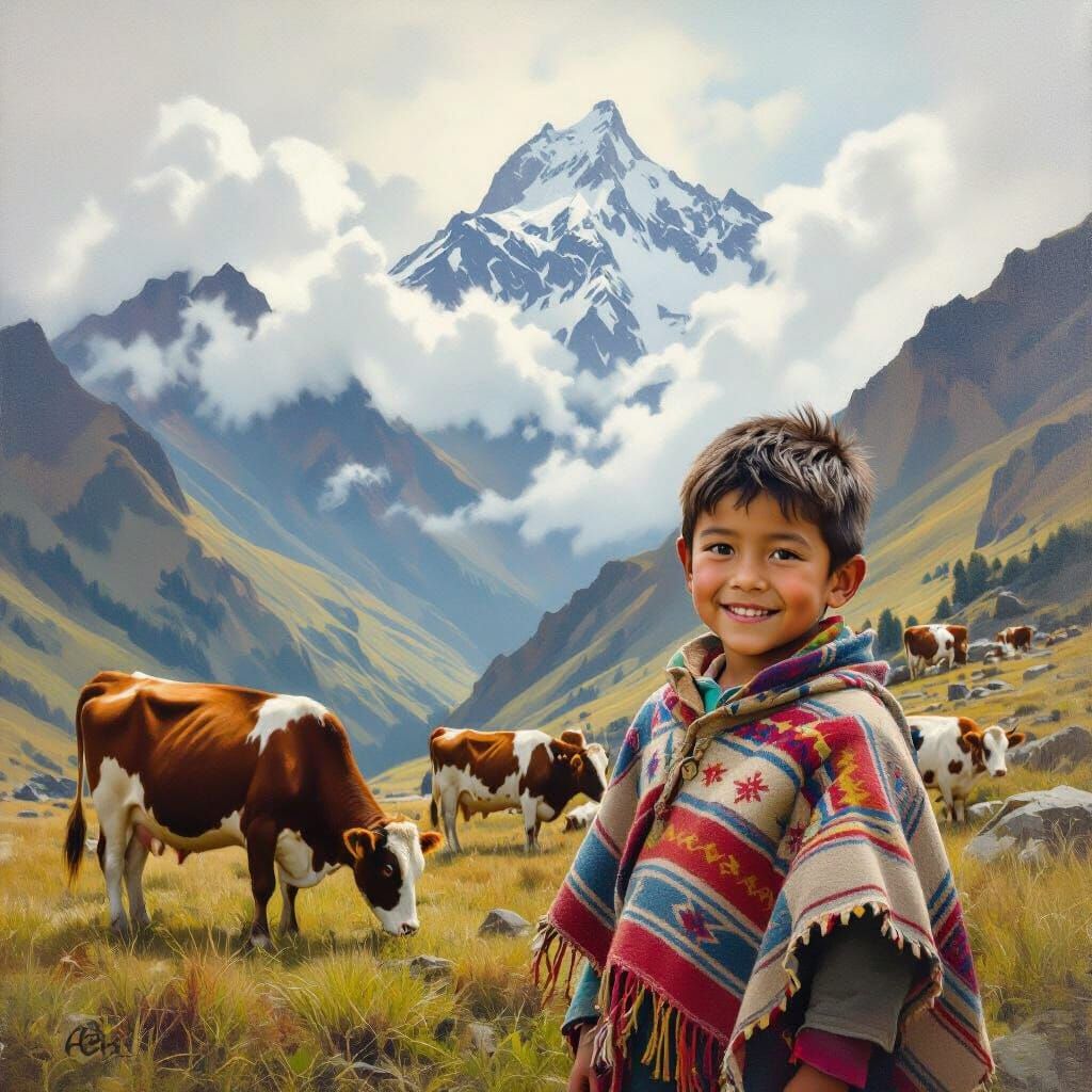 Ecuadorian Boy and Cows in Andean Mountains Oil Painting