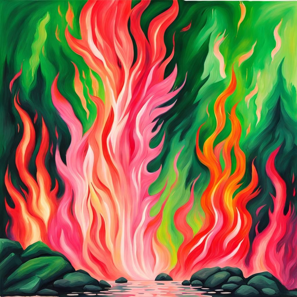 Vibrant Fire Waterfall in Gouache Style