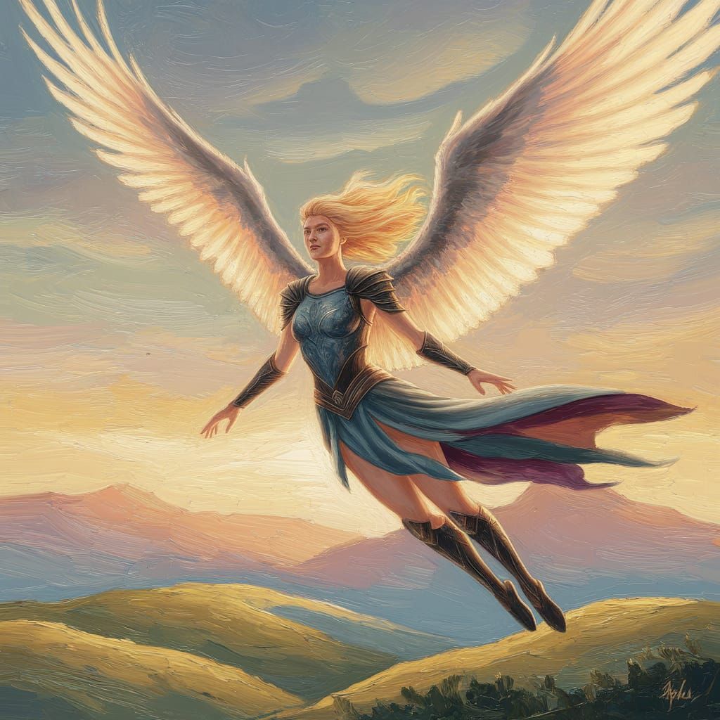 Valkyrie Soaring Through Golden Sky as Oil Painting