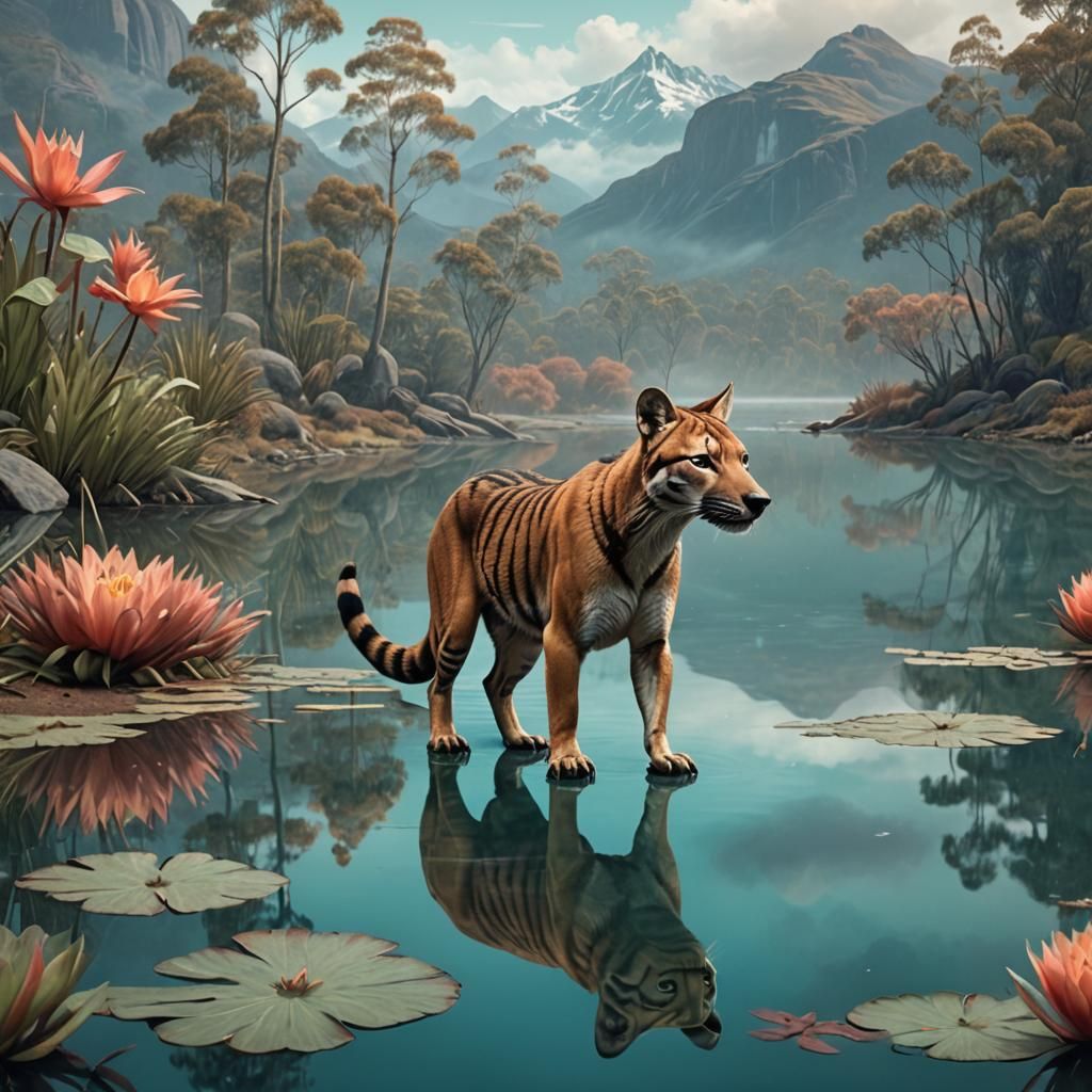 Tasmanian Tiger Boops Reflection in Serene Lake