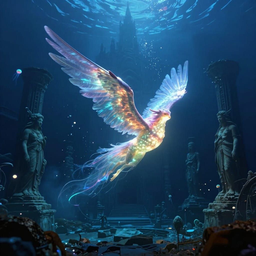 Bioluminescent Seraphim in Submerged Ancient Ruins