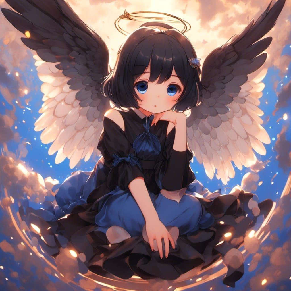 Anime Angel with Black Hair and Wings