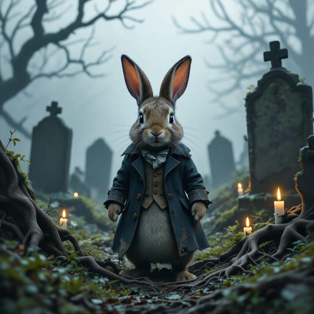 Peter Rabbit in a Foggy Victorian Graveyard