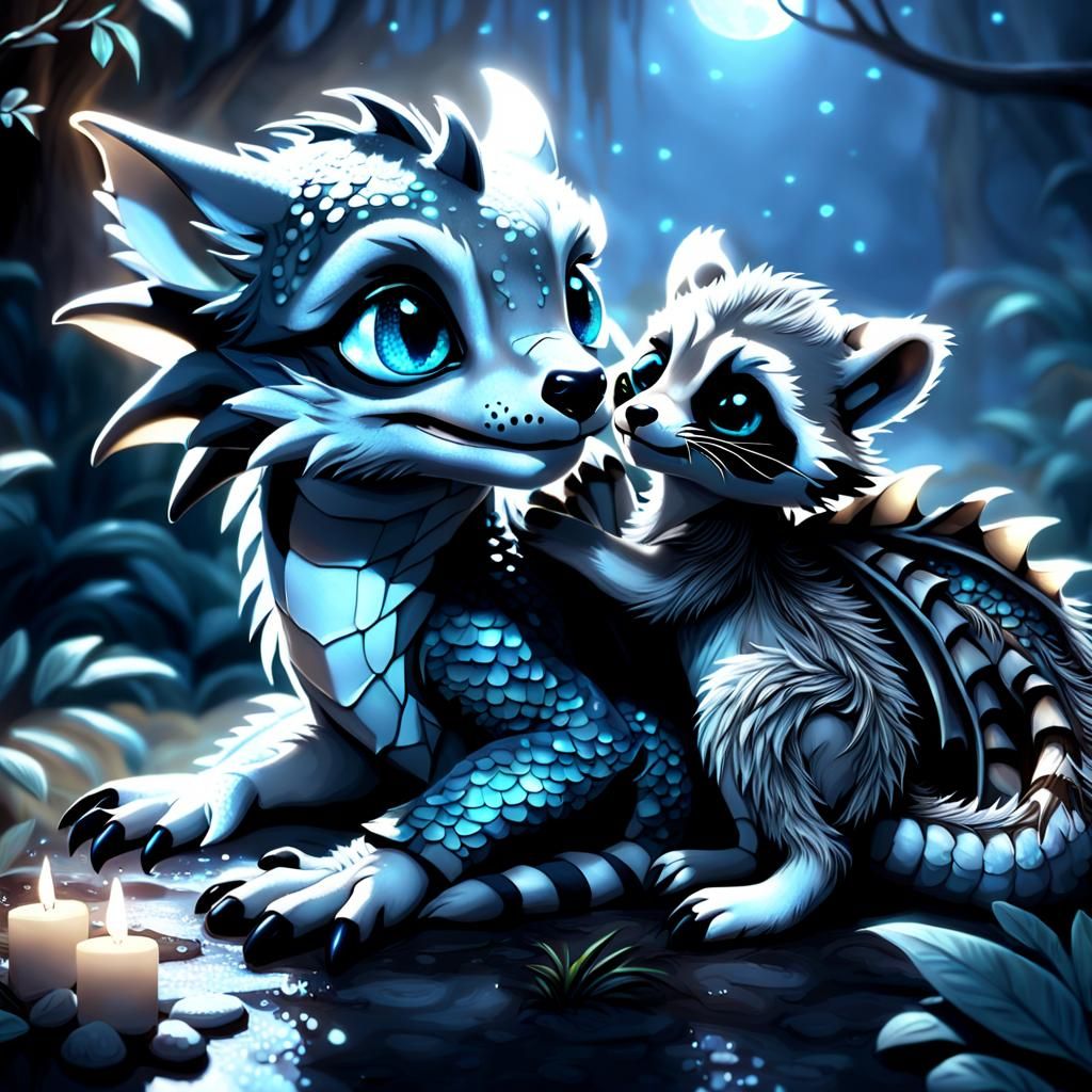 Silver Dragon Cub Befriends Raccoon: Digital Matte Painting