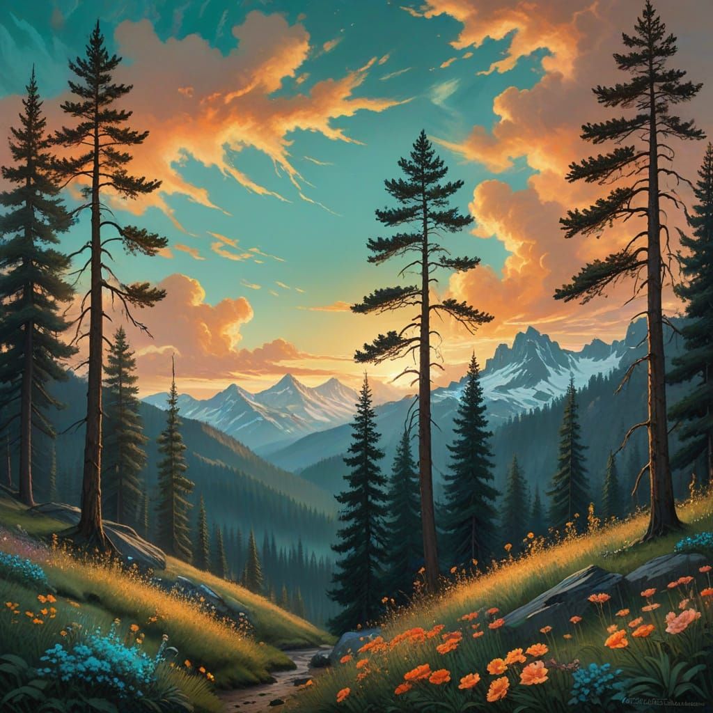 Luminous Alpine Meadow at Golden Hour: Painterly Style