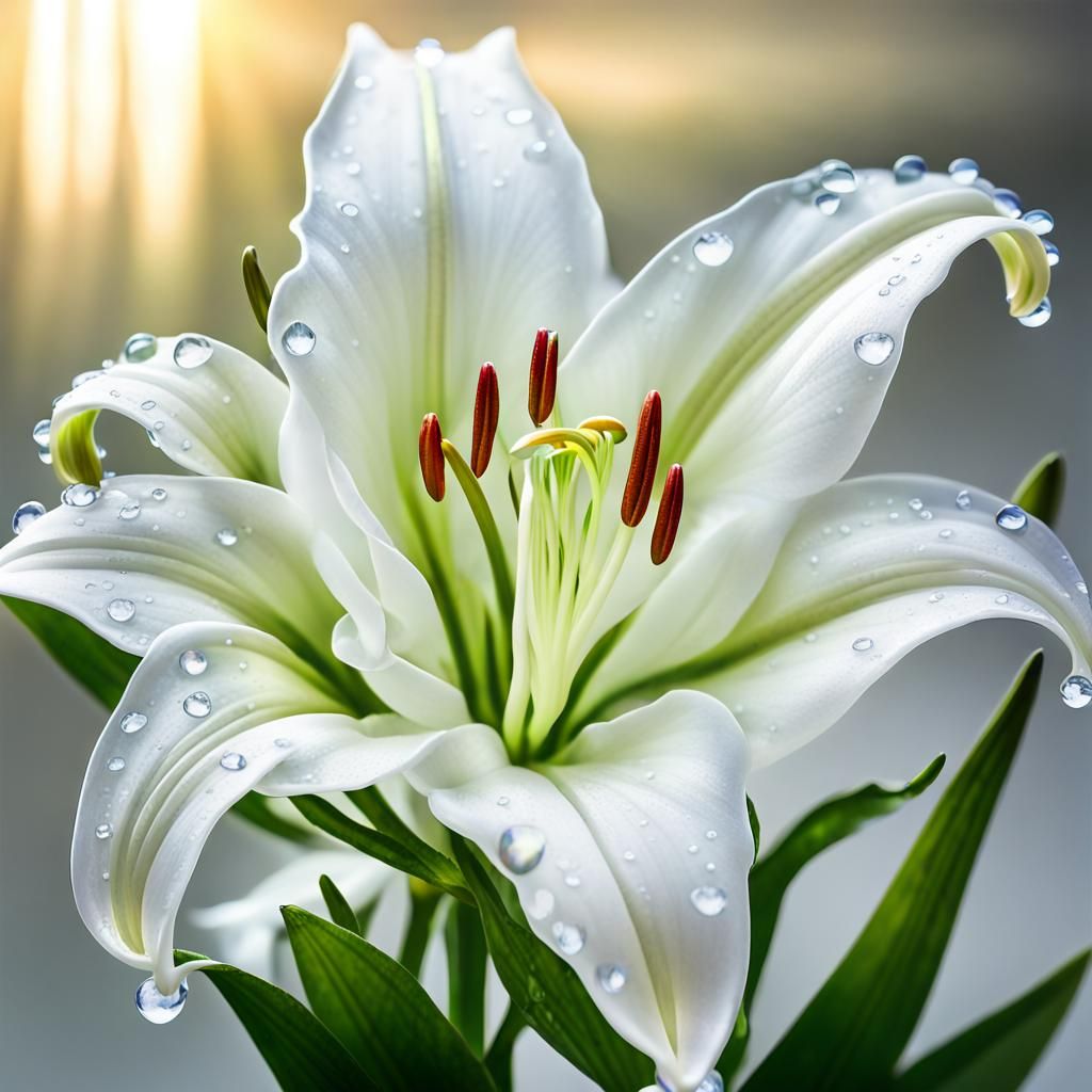 Glowing White Lily with Dewdrops in Opalescent Glass