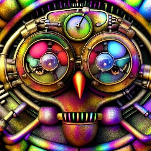 Rainbow Steampunk Owl Skeleton in Detailed Lighting