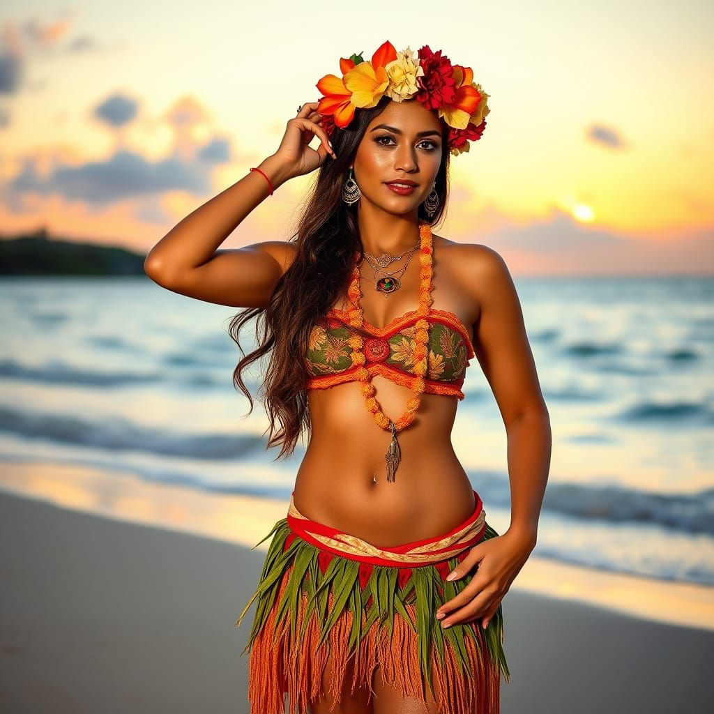 Hawaiian Woman in Hula Attire at Sunset