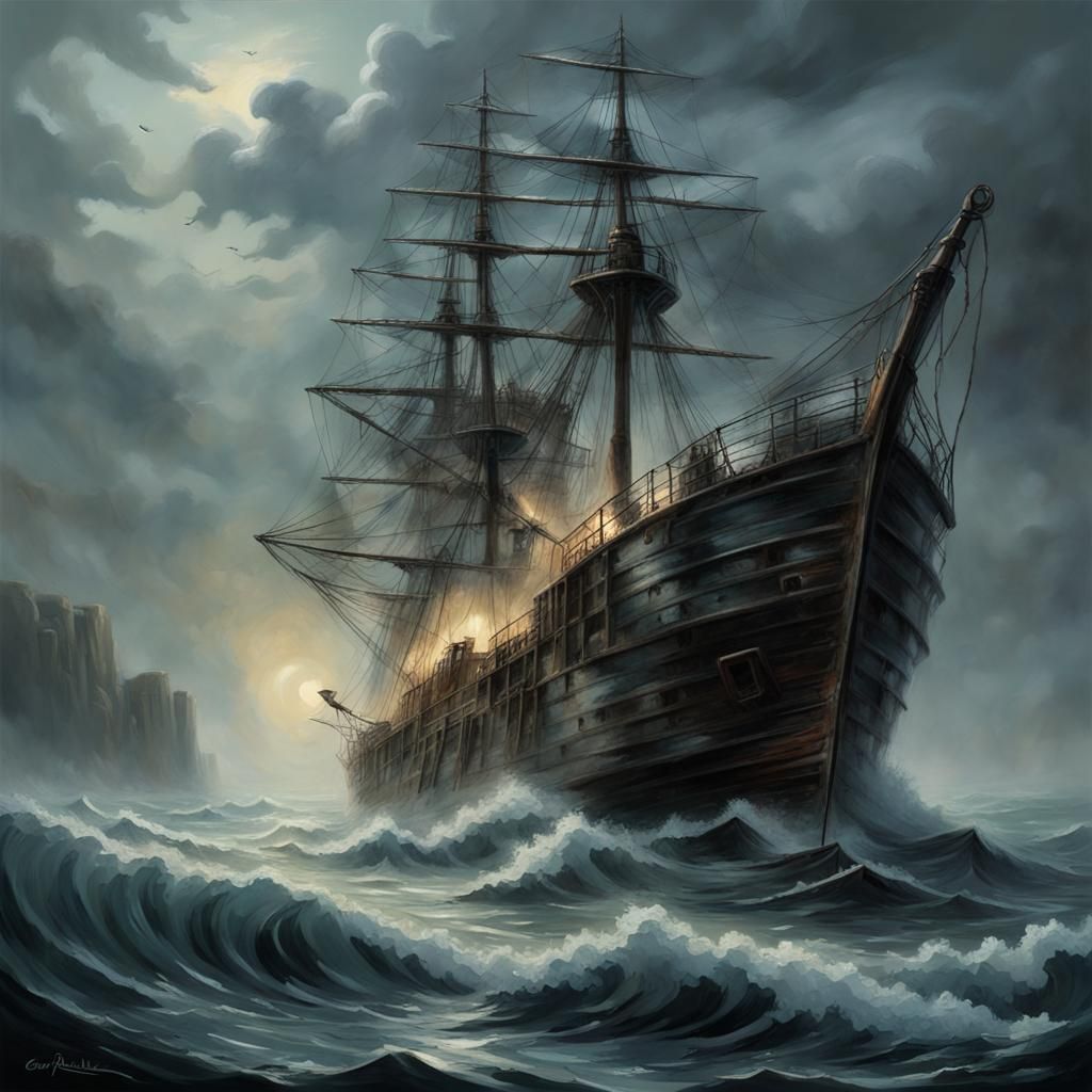 Eerie Ghost Ship on High Seas by Rutkowski