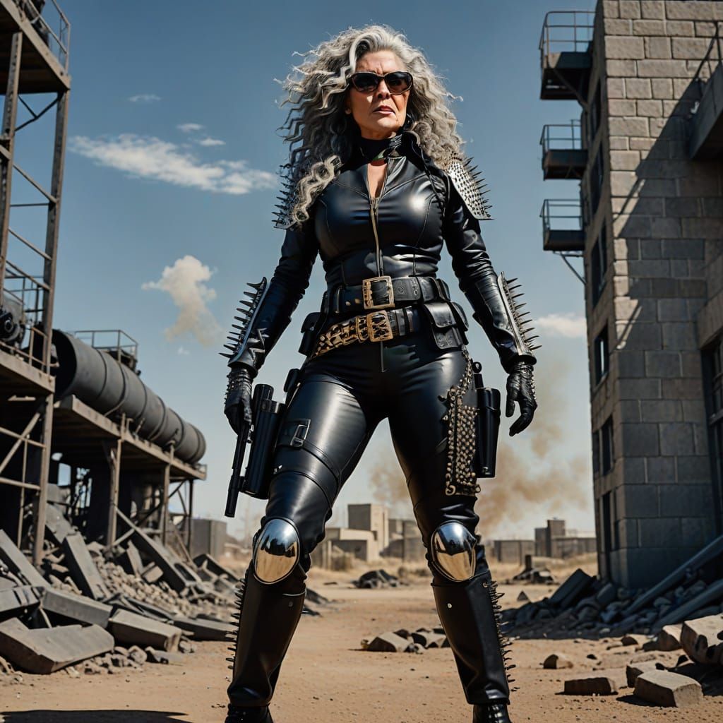 Dominant Old Woman in Leopard Leathersuit, Aiming Submachine...