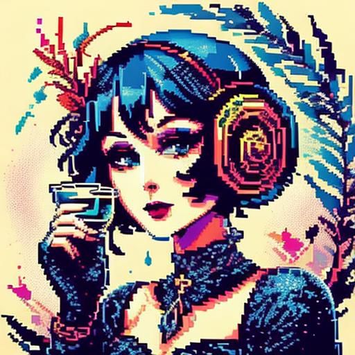 Pixelated Chibi Flapper in 1920s Speakeasy