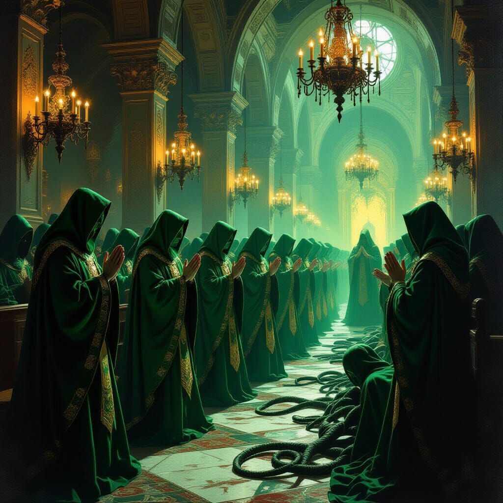 Cthulhu Priests Pray in Temple as Baroque Oil Painting