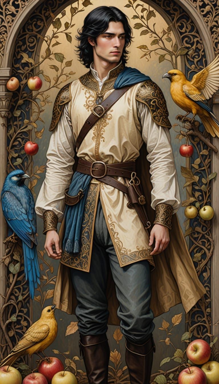 Elegant Knight Contemplates Golden Avian Wonder
