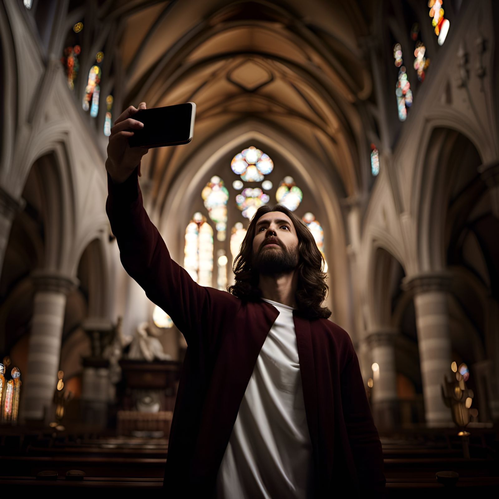 Jesus taking a self in a Gothic church