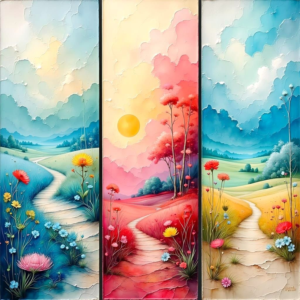 Dreamlike Triptych of Ethereal Worlds in Pastel Hues